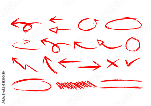 design element collection of red ink brush stroke arrow pointer, circle marker, check, x mark and underline mark. Set of grunger stroke mark