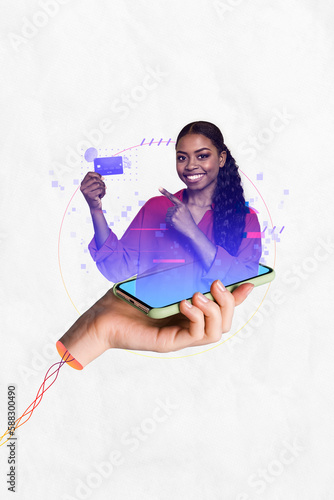 Creative digital template collage of hologram lady assistant pointing credit earnings savings application concept