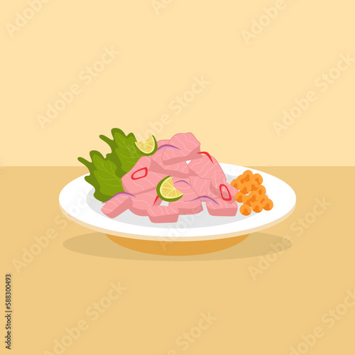 Peruvian Ceviche with Lime and Corn - Fresh Peruvian Ceviche with Lime and Corn Vector Illustration