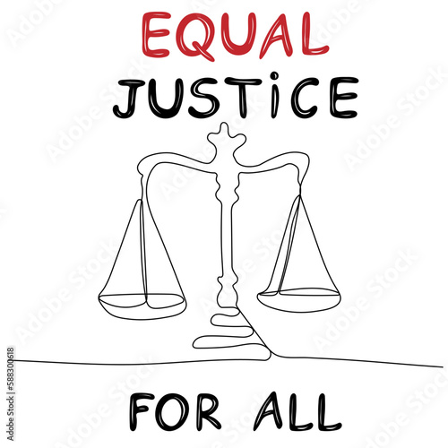 Equal justice for all. Continuous one line drawing balanced scales of justice. Everyone is equal before the law. Vector illustration
