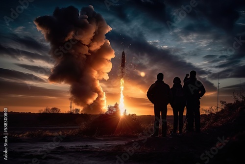 A group of people watch a rocket launch into space on the horizon, Generative AI.