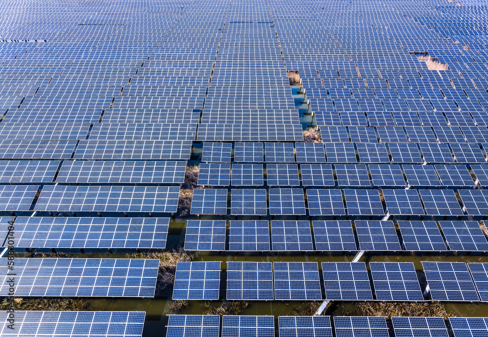 Fototapeta premium Aerial view of solar panels