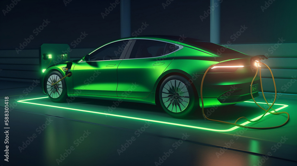 Generative AI illustration of contemporary automobile getting electricity from renewable power generation. Generative AI.