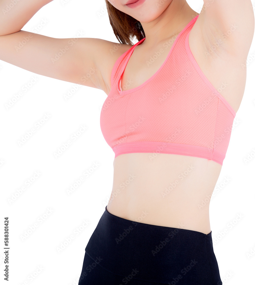 Closeup asian woman wear sport clothes beautiful body diet with fit, model girl exercise for weight slim with calories, health and wellness concept.