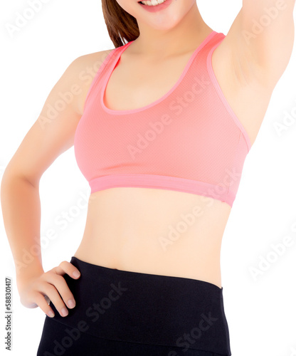 Closeup asian woman wear sport clothes beautiful body diet with fit, model girl exercise for weight slim with calories, health and wellness concept.