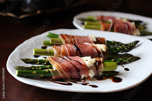 Grilled asparagus rolled in prosciutto, created with Generative AI technology.