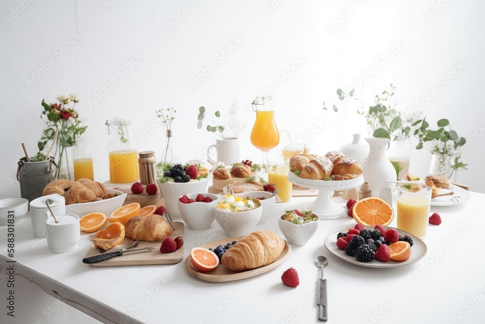 a white table topped with plates of food and cups of orange juice and juicer next to a bowl of fruit and a pitcher of orange juice. generative ai a white table topped with plates of food and cups of orange juice and juicer next to a bowl of fruit and a pitcher of orange juice. generative ai