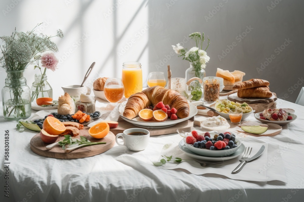 a table full of food and drinks on a white table cloth with a vase of flowers and a glass of orange juice on the table. generative ai a table full of food and drinks on a white table cloth with a vase of flowers and a glass of orange juice on the table. generative ai