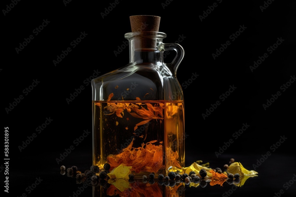 a glass bottle filled with liquid next to a flower on a black surface with a reflection of the bottle on the floor and a few yellow flowers on the ground. generative ai a glass bottle filled with liquid next to a flower on a black surface with a reflection of the bottle on the floor and a few yellow flowers on the ground. generative ai