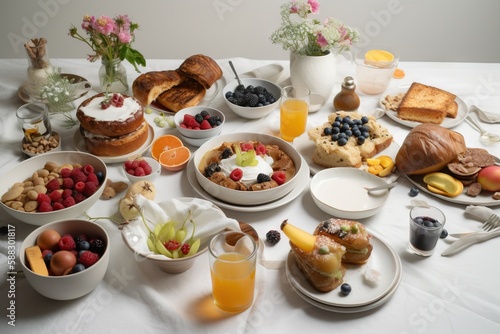  a white table topped with lots of food and drinks on top of a white tablecloth covered tablecloth covered in fruit and pastries. generative ai