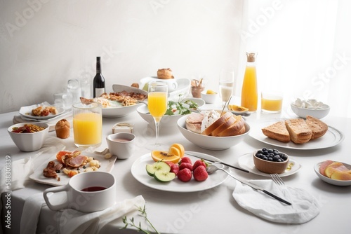  a white table topped with plates of food and cups of juice and juicer next to a bottle of orange juice and a glass of orange juice.  generative ai
