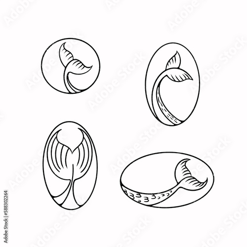 Line black and white hand-drawn labels of mermaids or fishtails