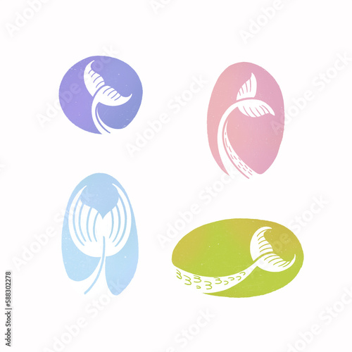 Colorful hand-drawn labels of mermaids or fishtails