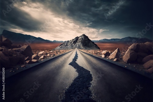 An empty road paved with stone stretching far beyond the horizon, created with generative ai