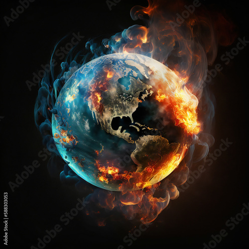 Abstract Danger to Our World Planet Earth Concept with Earth in Flames Generative AI  © LayerAce.com