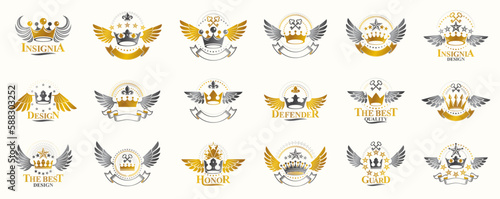 Crowns vintage heraldic emblems vector big set, antique heraldry symbolic badges and awards collection with coronets, classic style design elements, family emblems.