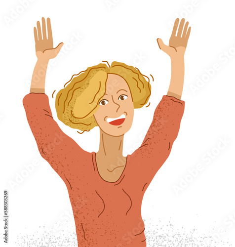 Young adorable happy woman raised hands up hello I am here vector illustration isolated, smiling girl shows gesture to attract an attention.