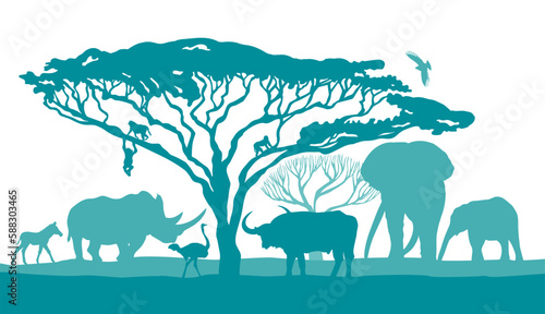 African blue landscape with animals. Vector illustration photo