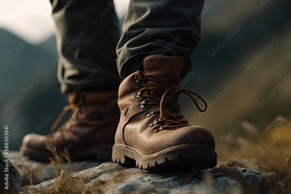 A close-up of leather hiking boots. created using Generative Ai A close-up of leather hiking boots. created using Generative Ai