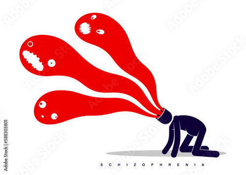 Psychical problems such as phobia psychosis schizophrenia hallucinations vector concept illustration in flat trendy style, psychiatry and psychology allegory, man with monster from his head.
