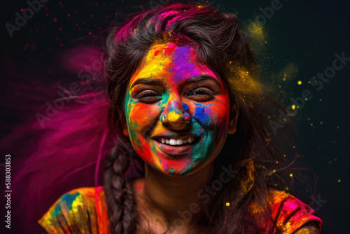 Laughing happy woman celebrating Holi holiday, folk festival of colors in Nepal and India. Symbolizes arrival of spring, the expulsion of evil and the rebirth of life. Generative AI