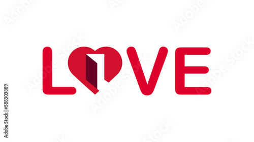 Love vector word with heart instead of letter o with open door inside.