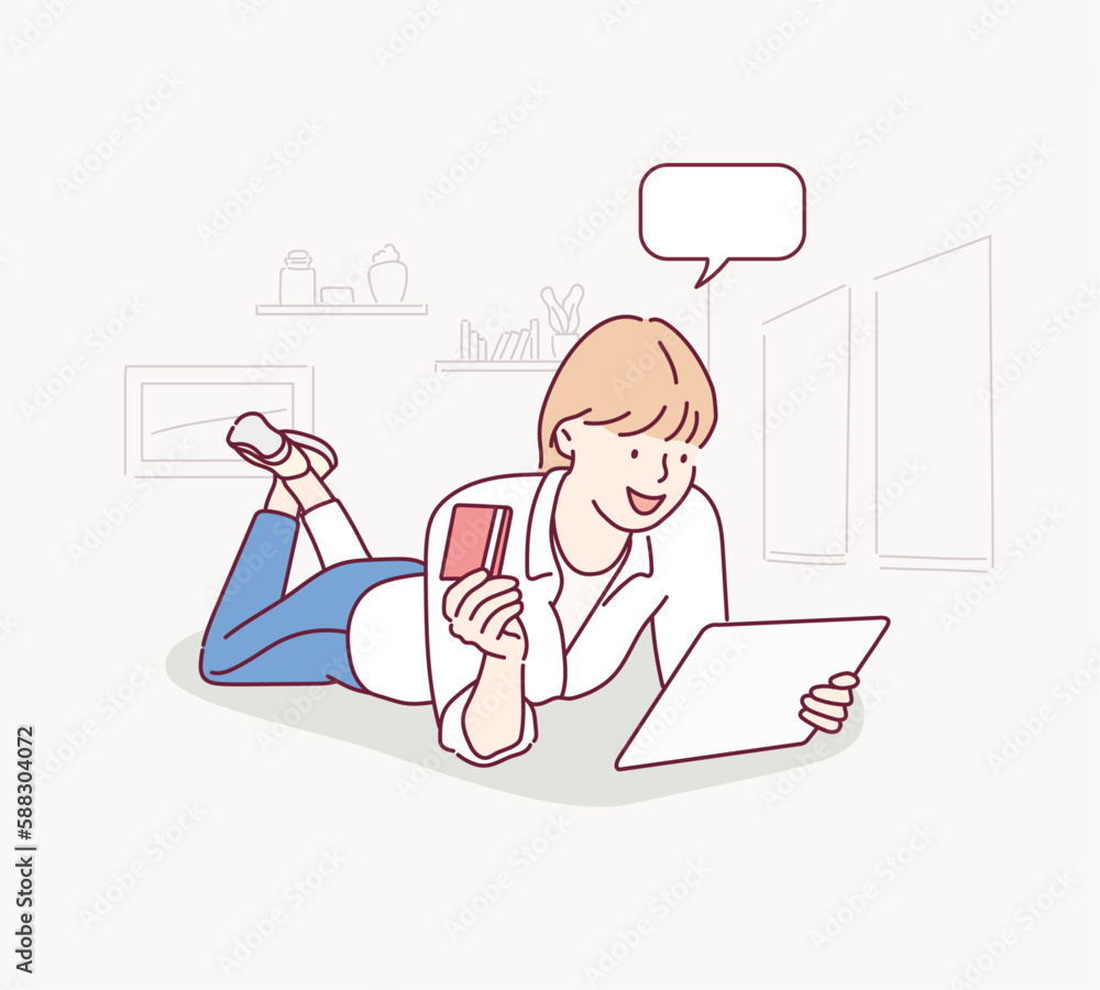Woman with tablet isolated on the white background. Online shopping concept. Hand drawn style vector design illustrations. Woman with tablet isolated on the white background. Online shopping concept. Hand drawn style vector design illustrations.