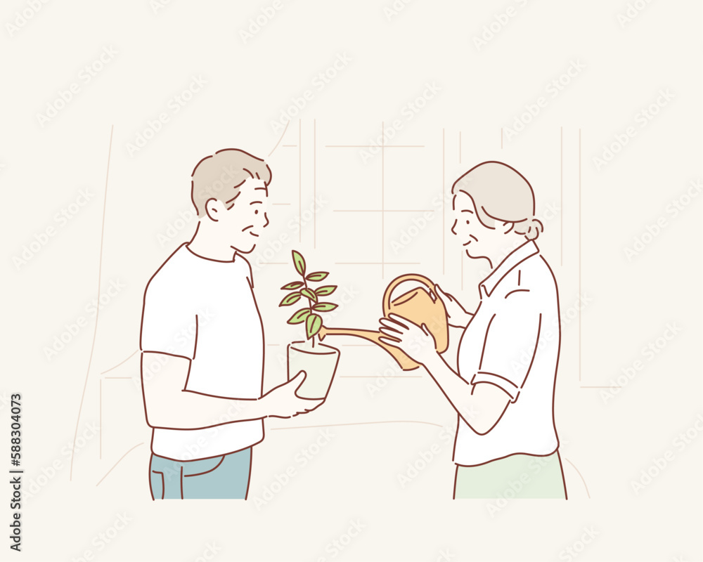 Mature plants lovers. Senior pair spend free time together. Hand drawn style vector design illustrations. Mature plants lovers. Senior pair spend free time together. Hand drawn style vector design illustrations.