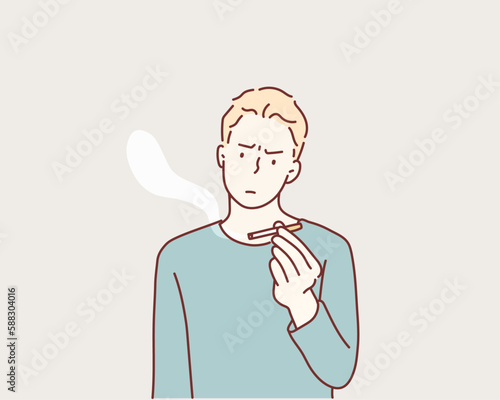 male hand holding a cigarette. serious man with no smoking sign. Hand drawn style vector design illustrations.