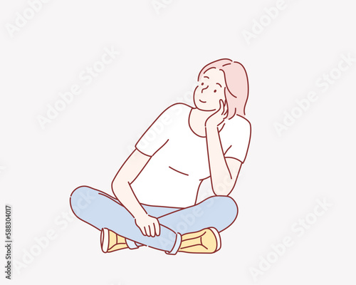 Teenage Girl sitting. Hand drawn style vector design illustrations.