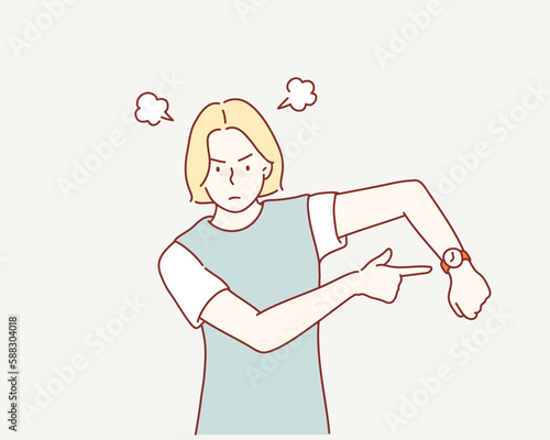 Young  student is angry because of being late. She is showing time on her watch. Hand drawn style vector design illustrations.