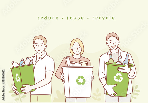 People holding recyclables. Public service advertising poster concept. Hand drawn style vector design illustrations.