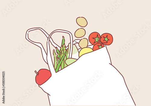 Eco bag with products on color background. Hand drawn style vector design illustrations.