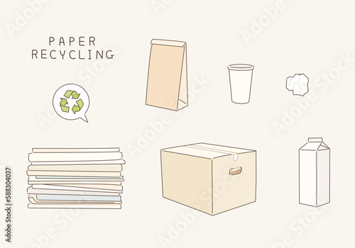 Paper waste suitable for recycling. Food bag, newspapers, cardboard, paper sheet. Hand drawn style vector design illustrations.