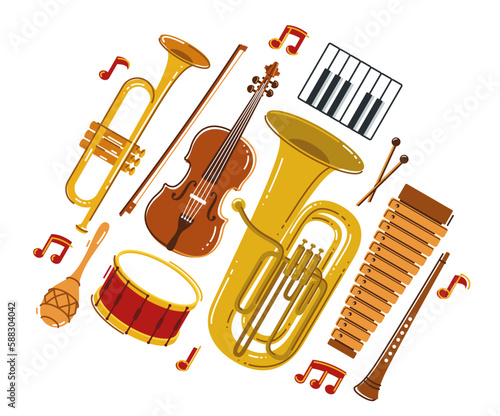 Classical music instruments composition vector flat style illustration isolated on white, classic orchestra acoustic sound, concert or festival live sound.