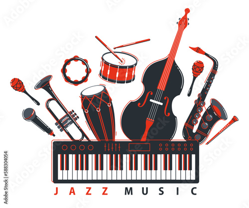 Jazz music band concept different instruments vector flat illustration isolated on white background, live sound festival or concert, musician different instruments set.