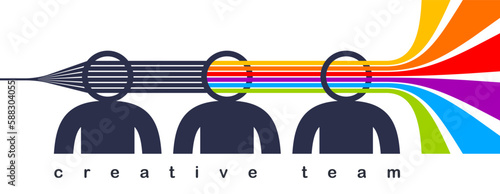 Creative team vector concept in flat trendy design style, colorful rainbow stripes goes out of men heads symbolizes creative ideas and thinking, teamwork.