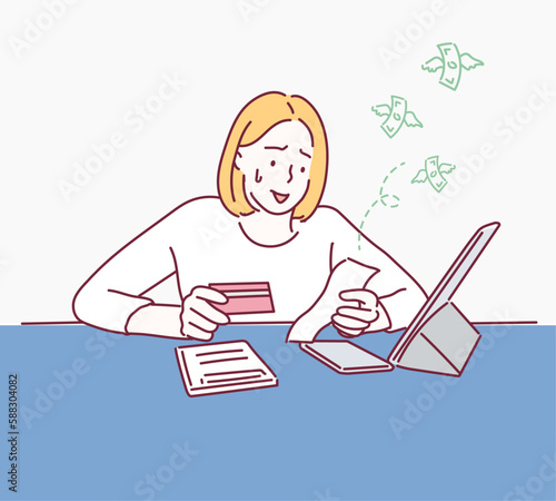 Woman worried about paying Bills. Hand drawn style vector design illustrations.