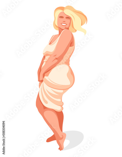 Attractive and sexy plus size woman isolated on white, vector illustration concept of body positivity health and happiness, love and accept your body idea.