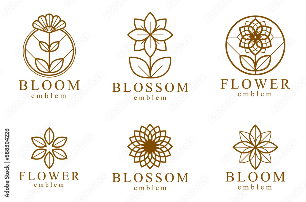 Beautiful geometric flower logos vector linear designs set, sacred geometry line drawing emblems or symbols collection, blossoming flower hotel or boutique or jewelry logotypes. Beautiful geometric flower logos vector linear designs set, sacred geometry line drawing emblems or symbols collection, blossoming flower hotel or boutique or jewelry logotypes.