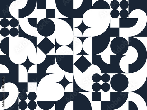 Geometric abstract seamless pattern with black and white simple elements of geometry, wallpaper background in retro 70s style, Bauhaus constructive style tiles.