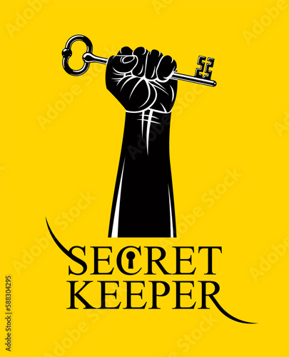 Hand up holding big vintage turnkey, vector logo or sign symbolized kept secret, personal data protection, antivirus internet security.