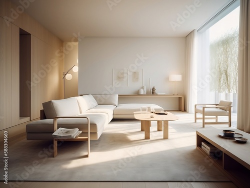 Interior design of modern apartment, living room with sofa and coffee tables 3d rendering, John Pawson style. Created using generative AI.