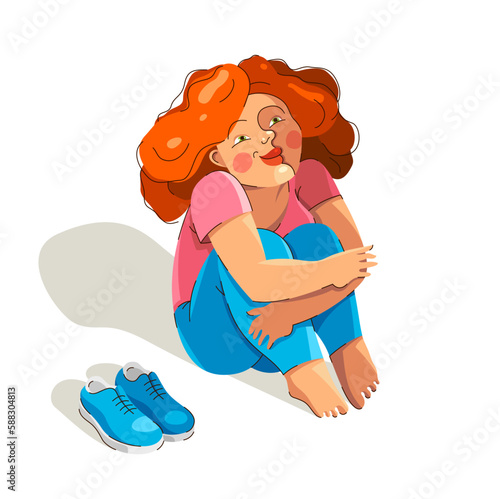 Cute adorable happy woman sitting barefoot on a ground isolated on white, enjoy every moment of life concept, allow yourself to dream, rest and calm, ease and laze.