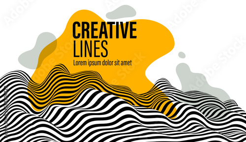3D black and white lines in perspective with yellow fluid liquid paint splat abstract vector background, linear perspective terrain pattern op art.
