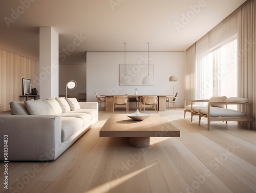 Interior design of modern apartment, living room with sofa and coffee tables 3d rendering, John Pawson style. Created using generative AI.