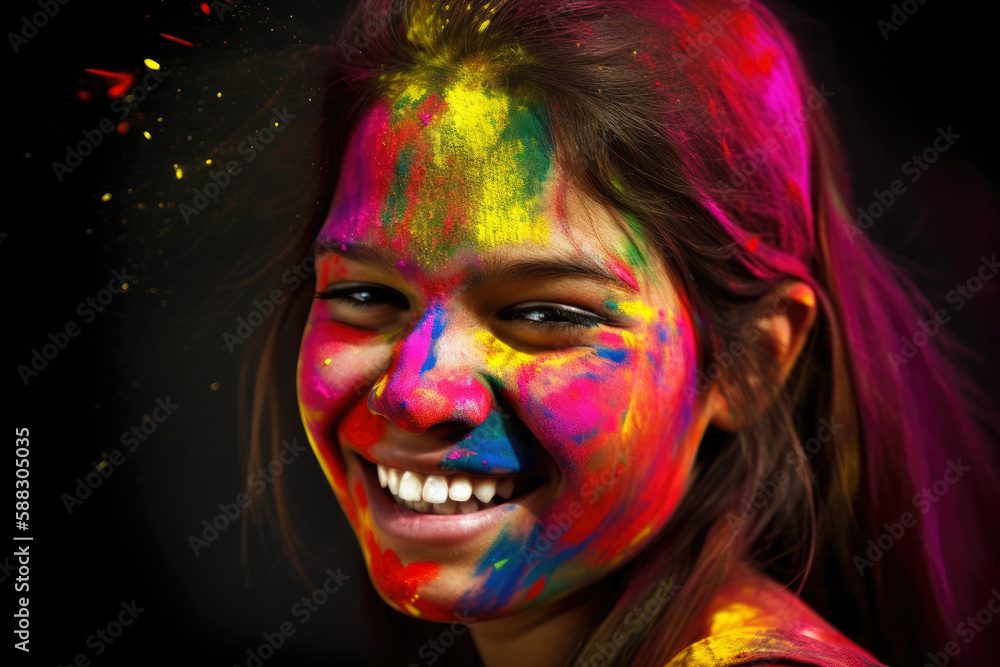 Laughing happy woman celebrating Holi holiday, folk festival of colors in Nepal and India. Symbolizes arrival of spring, the expulsion of evil and the rebirth of life. Generative AI Laughing happy woman celebrating Holi holiday, folk festival of colors in Nepal and India. Symbolizes arrival of spring, the expulsion of evil and the rebirth of life. Generative AI