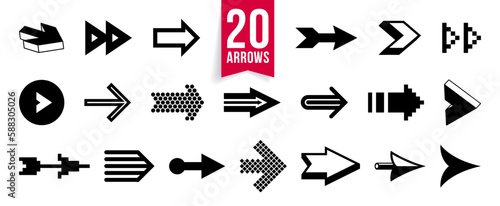 Arrow symbols big set of different shapes styles and concepts, cursors for icons or logo creation, single color monochrome logotypes.