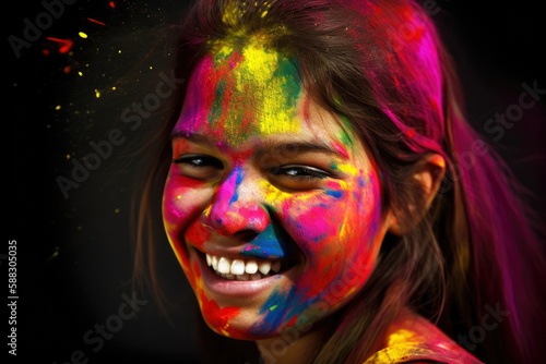 Laughing happy woman celebrating Holi holiday, folk festival of colors in Nepal and India. Symbolizes arrival of spring, the expulsion of evil and the rebirth of life. Generative AI