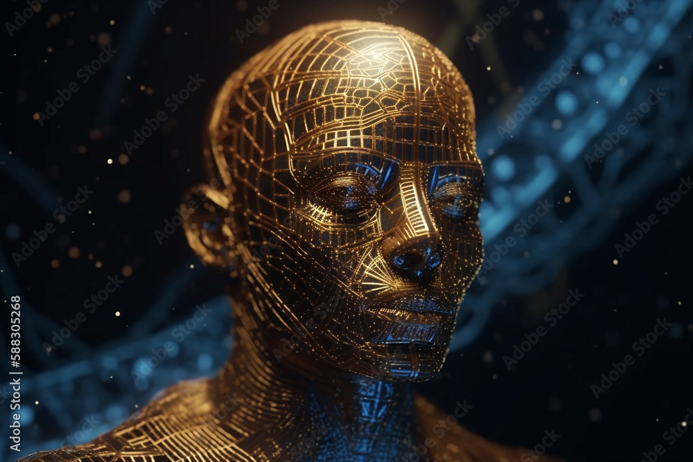 Intricate gold space god or king. 3D head impressive character design. Golden metallic head render. Ai generated Intricate gold space god or king. 3D head impressive character design. Golden metallic head render. Ai generated